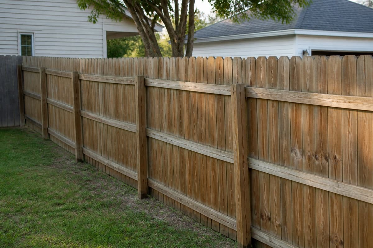 Slightly crooked wooden backyard fence from a DIY build