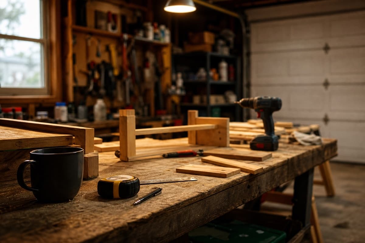 Garage workbench with tools during a home DIY project