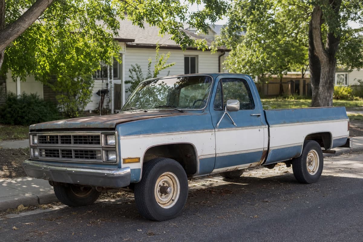 Pickup truck parked on a suburban street for a local sale